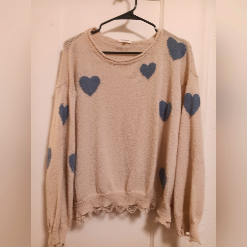 ADORA Light Beige Crewneck Sweater with Blue Hearts